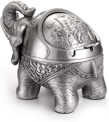 BSTKEY Vintage Ashtray with Lid – Elephant Shape, Table Ashtray, for Indoor and Outdoor Use, Retro, for Home, Office, Decoration Silver