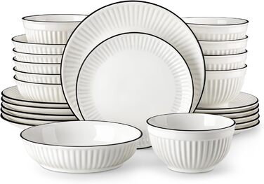 Набір посуду MALACASA LEILA для 6 осіб, 24 предмета: тарілки, миски, порцеляна, ручне рельєфне оформлення, підходить для мікрохвильової печі та посудомийної машини, білий з чорним контуром