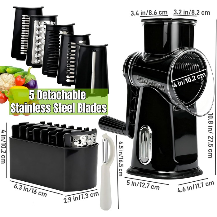 Ручна тертка для сиру та овочів з 5 зміненими лезами з нержавіючої сталі, з ручкою, для кухні.