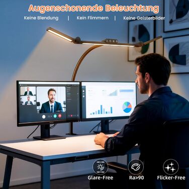 LED лампа настільна TYEE з регулюванням яскравості, 24W, 3-світлодіодний балка, 1500LM, захист очей, денне світло, з пультом дистанційного керування, 5 кольорів, 5 рівнів яскравості, для офісу та дому, чорна