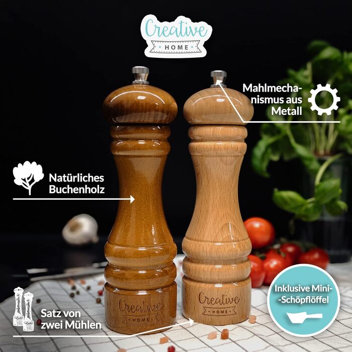 Набір дерев'яних млинів для солі та перцю Creative Home 18 см, ручний механізм, з міні-лопаткою, для кухні