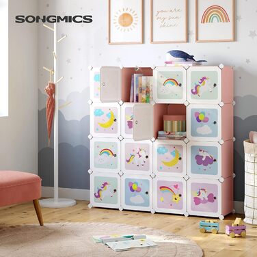 SONGMICS 16-Cube Storage Organizer with Doors - Kids Closet, Shoe Rack, Multi-Purpose - Pink