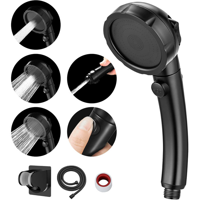 MIAOHUI Shower Head, Water-Saving with Water Stop Function, 3 Spray Patterns, Pressure-Boosting Shower Head, Shower with Hose and Holder, Black