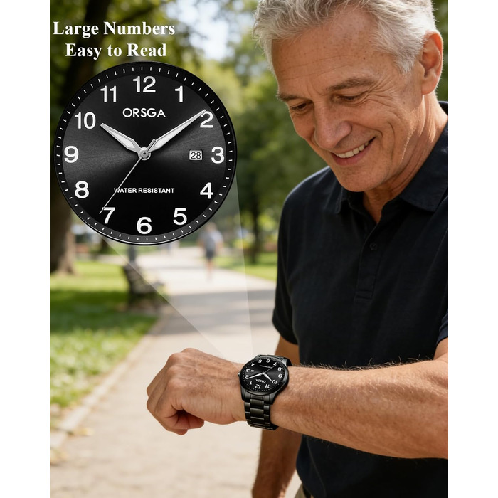Годинник чоловічий CIVO з великими цифрами: аналоговий, водонепроникний, з датою, свідовий, для людей з поганим зором, з нержавіючої сталі, чорний
