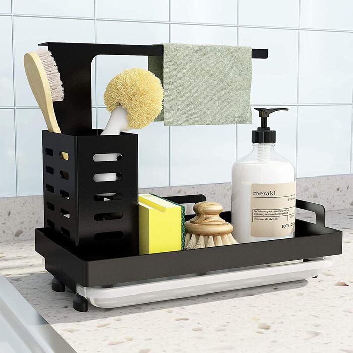 Shunfaji Sink Organizer Sink Caddy Organizer Stainless Steel Utensil Basket for Kitchen & Bathroom with Drain Pan, Adhesive Countertop Dual-Use Sponge Brush Soap Dish Holder