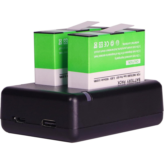 2 батареї Insta360 2800mAh з зарядним пристроєм USB-C, сумісні з Insta360 Action Camera, включаючи Micro SD картки (ACE)