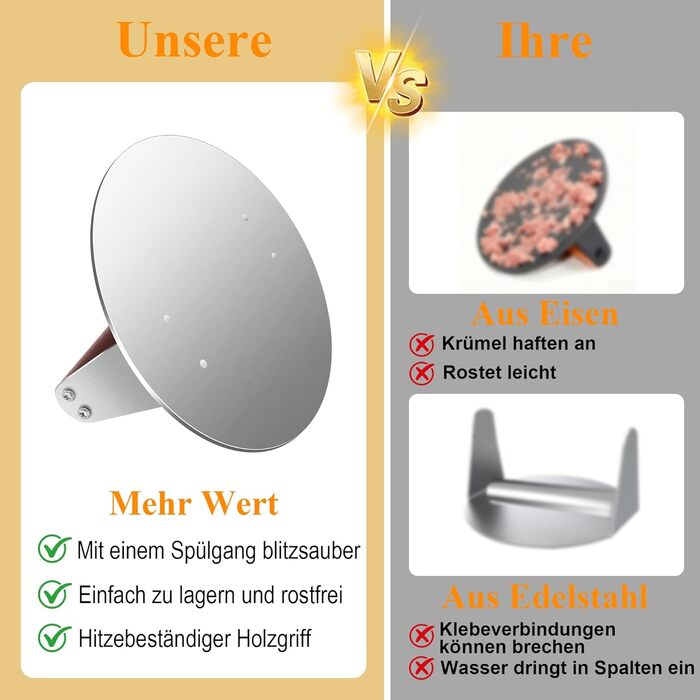 Професійна преса для smash burger CNARIO з нержавіючої сталі 16 см, пристрій для формування котлет з дерев'яною ручкою для гриля та BBQ