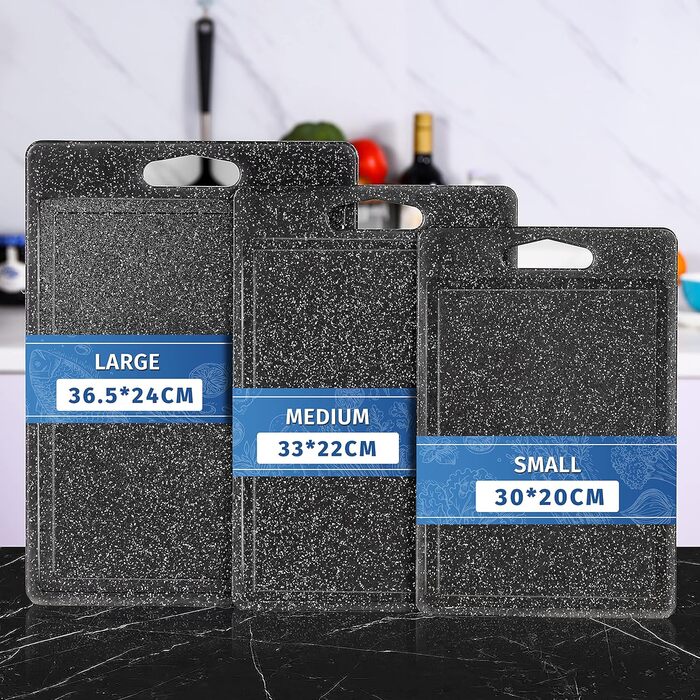 Набір обробних дощок 3 шт. з імітацією граніту, антиковзаючі наклейки, жолоб для соку, BPA-Free, з ручкою. Дошки з пластику, антибактеріальні, чорного кольору. Аксесуари для кухні