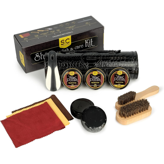 Stone & Clark 12-Piece Leather Shoe Cream & Care Set with Brown Wax, Shoe Brushes for Polishing, Compact Shoe Shine Kit with Horsehair Brushes & PU (Structured Black Kit)