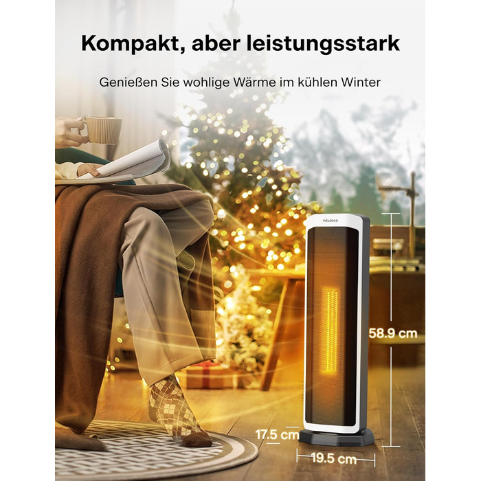 Електричний обігрівач PELONIS 2000W з пульт, 3S Швидкий нагрів, ECO режим, 75° коливання, термостат (5-35°C), таймер 8h, тиха керамічна панель, білий, 59см