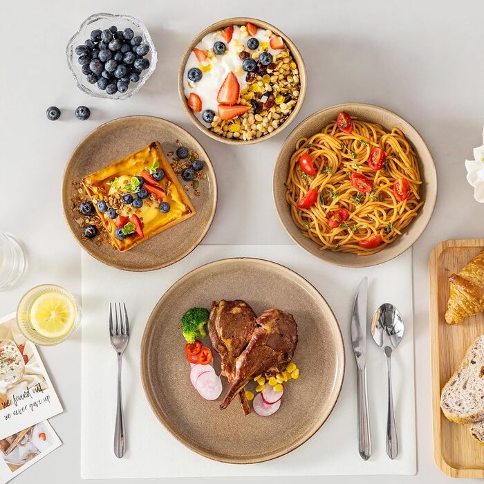 Набір посуду Steingut vancasso ANYA (48 предметів) - 48-місний сервіз з тарілок, десертних тарілок та мисок, карамелевого кольору, сумісний з мийкою та мікрохвильовою піччю