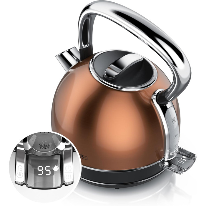 Електричний чайник Arendo з регулюванням температури, LED дисплеєм та сенсорною панеллю. Ретро-дизайн, об'єм 1,7 л, функція підтримки тепла, вимірювання, змінний фільтр від накипу. Матеріал: нержавіюча сталь, колір: мідний.