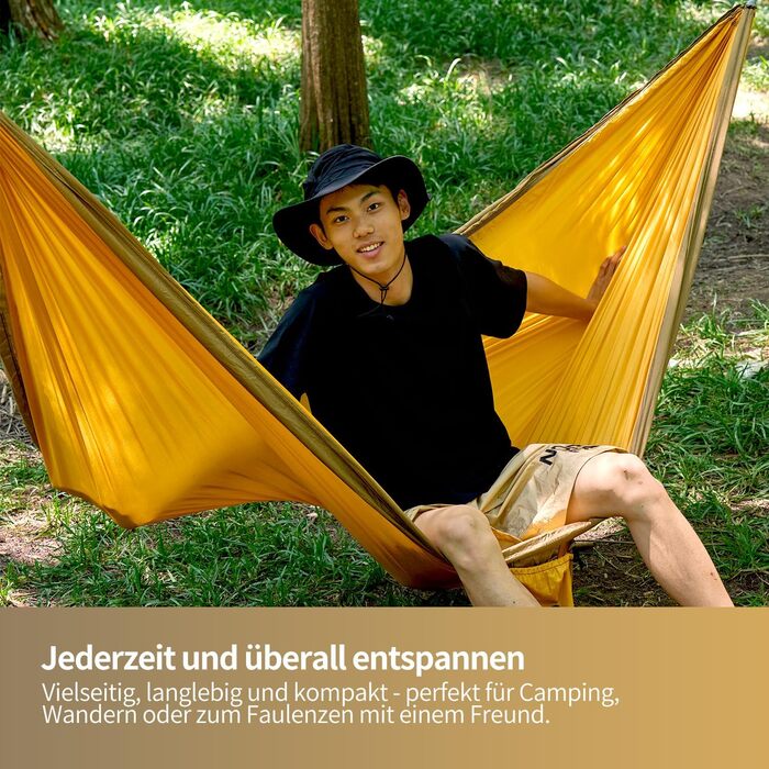 Гамак для відпочинку на відкритому повітрі на 2 особи | Міцний гамак з навантаженням до 300 кг | Подвійний гамак з комплектом кріплень | Наметний гамак з нейлону для подорожей | 290x170 см (жовтий, у вигляді кленового листка)