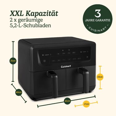Фритюрниця Cuisinart XXL 10.4L з двома зонами, без PFAS та хімікатів, для смаження, гриля, випікання, дегідратації та підтримання тепла, 2 камери (2 x 5.2L), 8+ порцій, знімні деталі придатні для миття в посудомийній машині, чорний колір