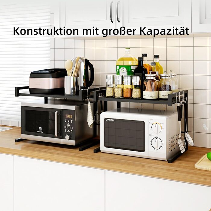 Стійка для мікрохвильової печі, 2-ярусна, чорна. Розширювана, з 6 гачками. Розміри: 36–57 x 36,5 x 80 см