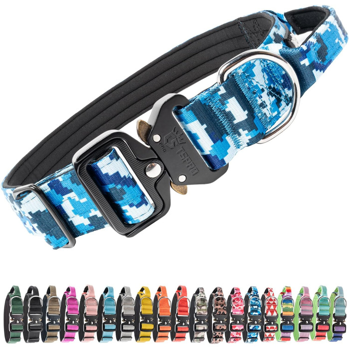 Преміум нашийник для собак TSPRO з ручкою, тактичний, великий, міцний, з металевою застібкою, розмір L (44.5-62.2 см), камуфляжний синій