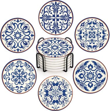 Drink Coasters 6-Piece Set, Geometric Tribal Boho Blue Red Absorbent Round Ceramic Stone Mat with Cork Bottom and Metal Holder, Housewarming Gift Bar Decor (Spanish Ceramic)
