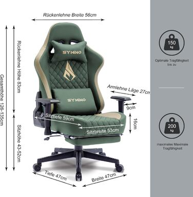 Ігровий крісло Symino Racing Style - ергономічне, 200 кг, регульовані підлокітники, PU шкіра, з підніжкою (зелений)