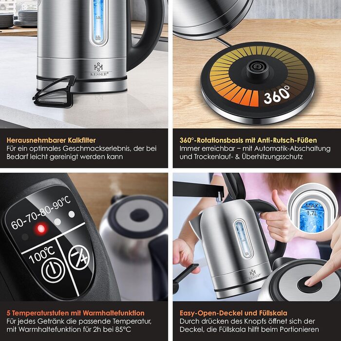 KESSER Stainless Steel Electric Kettle - 1.7L with LED Temperature Display (60-100°C) | Tea Filter, Scale Filter, BPA-Free, 2-Hour Keep Warm