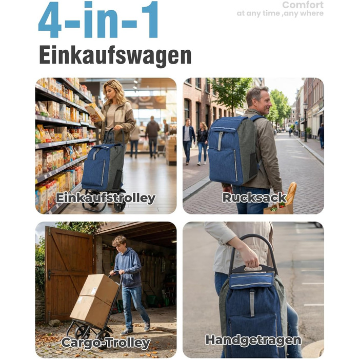 Складаний візок для покупок Homecall 50L з охолодженням та сумкою, 3 в 1 (блакитний & сірий)