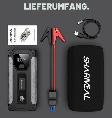 Пусковий пристрій (бустер) для автомобіля SHARMEAL 10000A, 12V Powerbank для бензинових та дизельних двигунів до 10.0 л, з LCD-дисплеєм та LED-ліхтарем