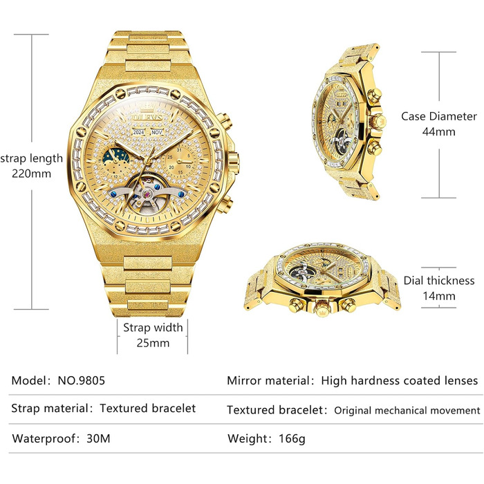 Чоловічий наручний годинник OLEVS G9805 аналоговий, сталевий ремінець, золотий колір, водонепроникний, з календарем та підсвіткою