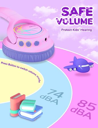 iClever Бездротові навушники для дітей з LED-підсвіткою, обмеження гучності 74/85 дБ, 43 години роботи, стереозвук, Type-C, AUX-кабель, Bluetooth 5.3, для планшетів/подорожей, рожево-фіолетові