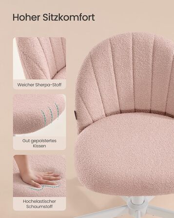 Офісний стілець SONGMICS для дому, рожевий, з м'якою оббивкою з флісу, регульована висота, для спальні, робочого кабінету, гардеробної