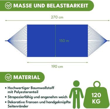 Гамак KRUMAD 260 см, до 250 кг, водостійкий, бавовна-поліестер, для саду, балкону, кемпінгу, з дерев'яними розпірками та сумкою (Синій, 150x200 см)