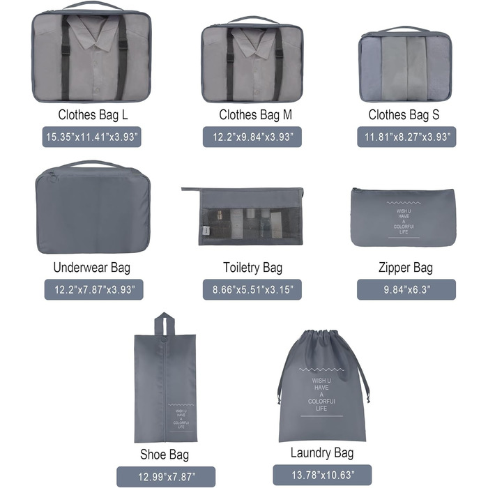 Органайзер для валізи - Набір 8 штук Packing Cubes для подорожей, система організації валізи, набір кубиків для пакування (Сірий)