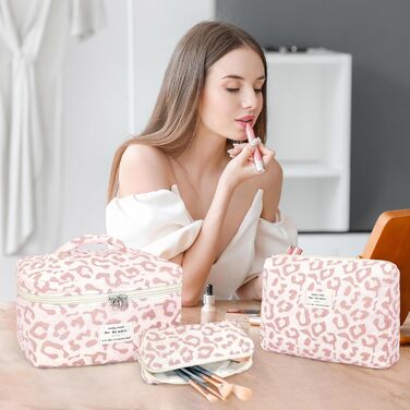 Набір косметичок для жінок: 3 шт. (рожевий леопард) - великі та маленькі, для макіяжу, подорожей, організації косметики