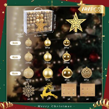 Набір прикрас для ялинки 141 шт., кульки для ялинки з пластику, матові, глянцеві, з блискітками, з вирізаним візерунком, ялинковий декор для дому та вулиці (золотий)