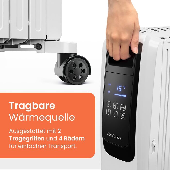 Радіатор масляний Pro Breeze Premium 2500W з цифровим дисплеєм та пультом дистанційного керування, 10 ребер, 4 режими, таймер, термостат, захист від перегріву