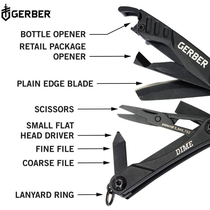 Gerber Multifunction Tool with 12 Functions, Dime Pocket Multi-tool, Black, 1014030