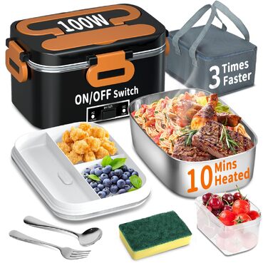 Електрична ланчбокс SOOOEC 100W, 3-в-1 з нержавіючою сталі, 12V/24V/220V для авто/офісу, з ізольованою сумкою (Оранжево-Чорний), 1.8L