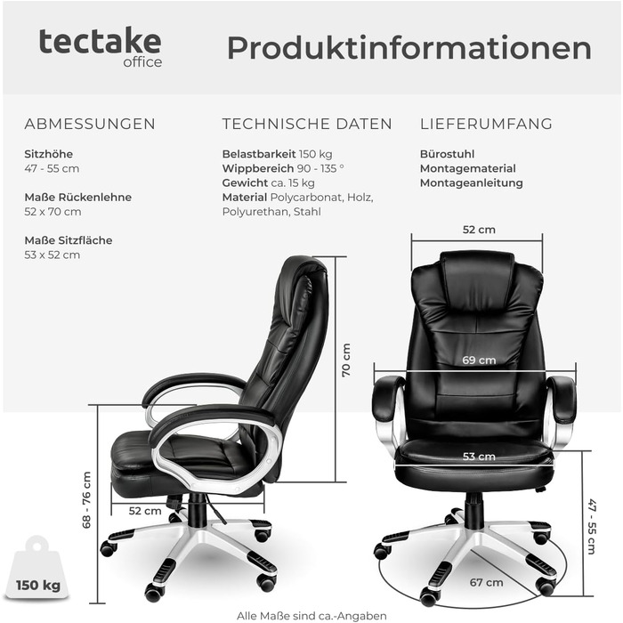 Офісне крісло tectake - ергономічний кухонний стілець з високою спинкою, регульована висота, поворотний, з механізмом гойдання, чорний (400578)