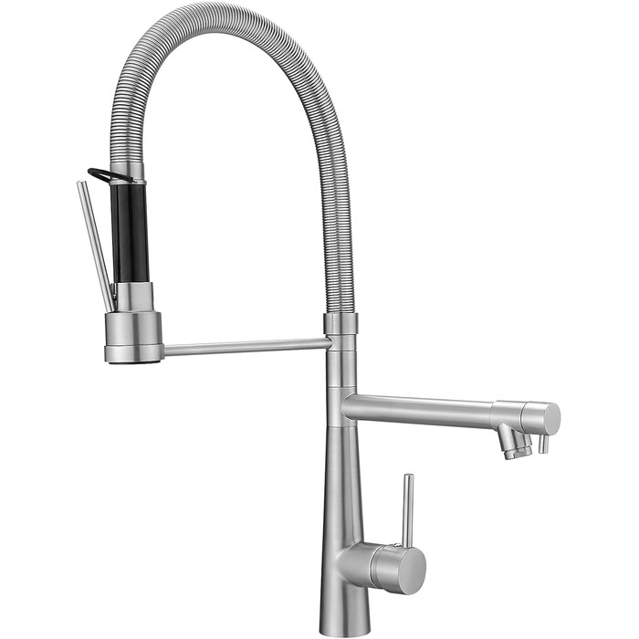 LED кухонний змішувач зі спіральною пружиною, 360° обертання, двотрубний, висувний, для кухні, з душем, високий тиск, нікель, LED, матовий нікель