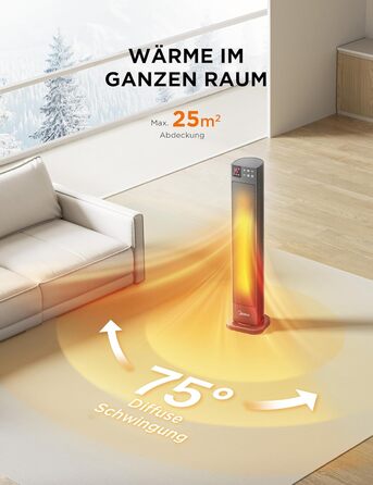 Електричний обігрівач Midea Ceramic 2000W з термостатом, 3 режими, таймер 24 год, захист від перегріву та перекидання, миттєве тепло для офісу та спальні (сірий, 76 см)