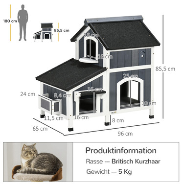 PawHut котячий будиночок з соснової деревини, 2 поверхи, котяча хатинка з кількома входами, стійкий до погодних умов будиночок для дрібних тварин з асфальтовим дахом для зовні