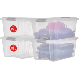 Iris Ohyama Storage Boxes with Lids, 60L, Set of 4, Silver, Secure Closure, Stackable, Handles, for Bedroom, Closet, Office, Organization, BPA-free Plastic, Storage Boxes, NTB-60 (Black, 15L/Set of 4)