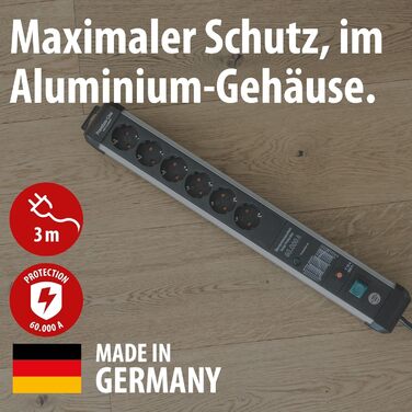 Бренненштуль Premium-Protect-Line Розподільник розеток 6-фазний з захистом від перенапруги 60 000 A (з вимикачем та 3м кабелем, Made in Germany) Срібний/чорний, Нова версія Single