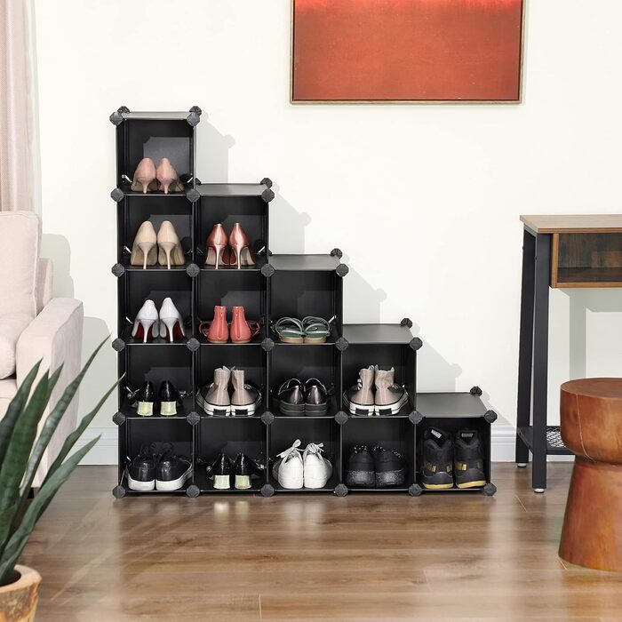 SONGMICS Shoe Rack, Shelving System, Cube Storage Rack, Set of 15 Cubes, DIY Shelf, Stackable, Made of PP Plastic, as a Wardrobe, for Bedroom, Office, 113 x 36 x 113 cm, Black LPC445B02