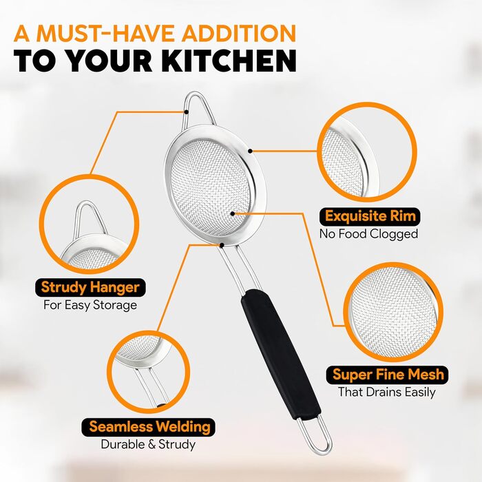 Набір сит Jojeys 3 розмірів – металеві сита з нержавіючої сталі, дрібний отвір – кухонні сита з нержавіючої сталі для приготування їжі, випічки – придатні для миття в посудомийній машині (8 см з гумовою ручкою)
