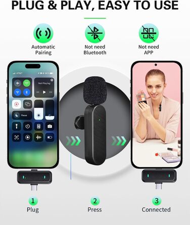 Беспроводной петличный микрофон Bayanbulu для iPhone, iPad, Android, TikTok, YouTube, Vlog. Шумоподавлення, Plug-and-Play, 2 шт. (Black-H16-1pc)