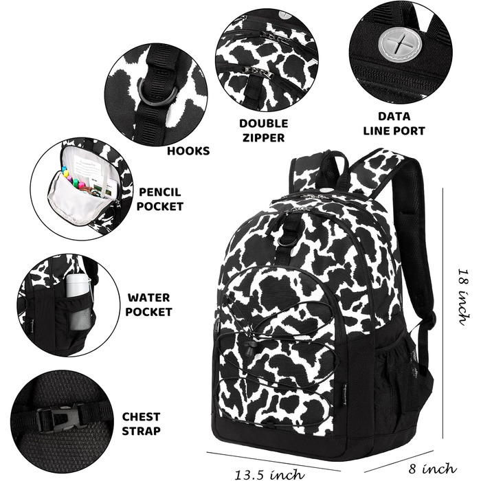 Рюкзак для підлітків дівчаток Choco Mocha Tie Dye, 18 дюймів (чорно-білий)