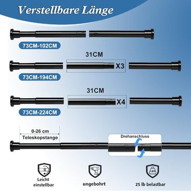 Штанга для душу без свердління 73-224 см, висувна штанга для ванної кімнати, чорна