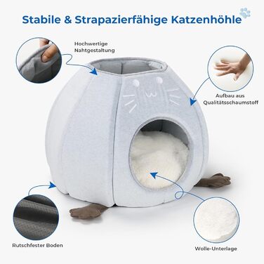 Кішка Будиночок-Печеричка для котів, сірий, 40x40x35 см, з м'якою подушкою Sherpa, M