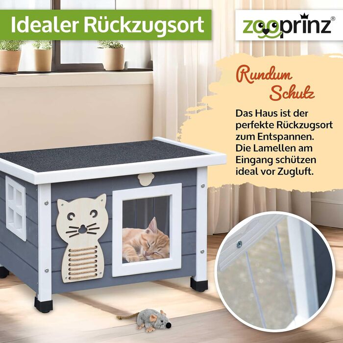 Преміум котячий будиночок Zooprinz з дерева – котяча кістка з дахом, що відкривається, вікном та створками – сизаль на котячому боксі – стійкий до погодних умов для саду/балкону – внутрішній та зовнішній притулок (сірий-білий, стандарт)