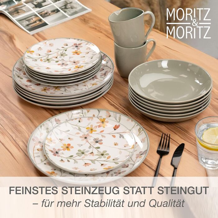 Набір посуду Moritz & Moritz PRIMAVERA Steingut для 6 осіб (24 шт.) - сучасний сервіз з ігровим дизайном, легкий у догляді, з тарілками, чашками та салатниками