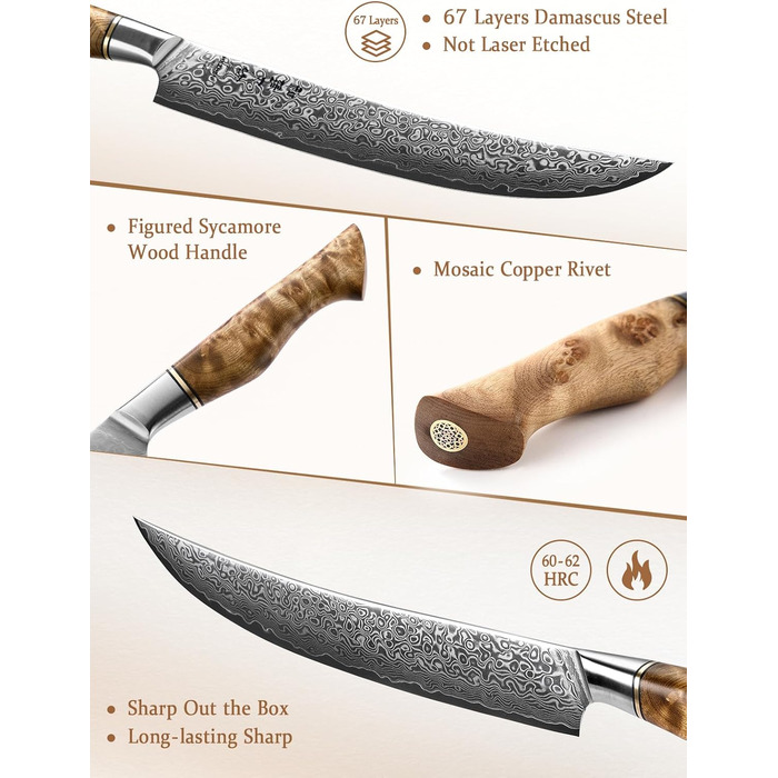 HEZHEN Кухонний ніж Gyuto з дамаської сталі 21 см, VG10, серія Master, професійний, для ресторану та дому